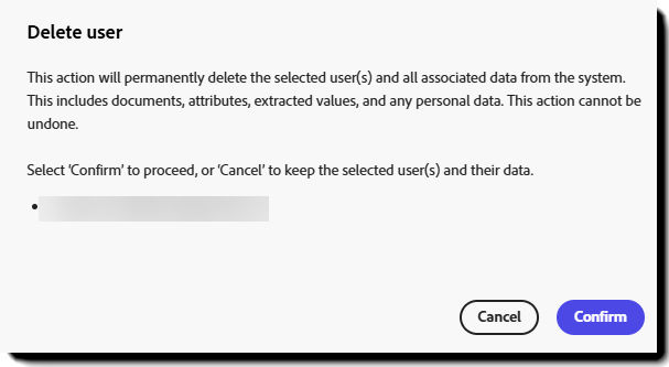 Confirmation dialog listing selected users and warning that all associated data will be permanently deleted.