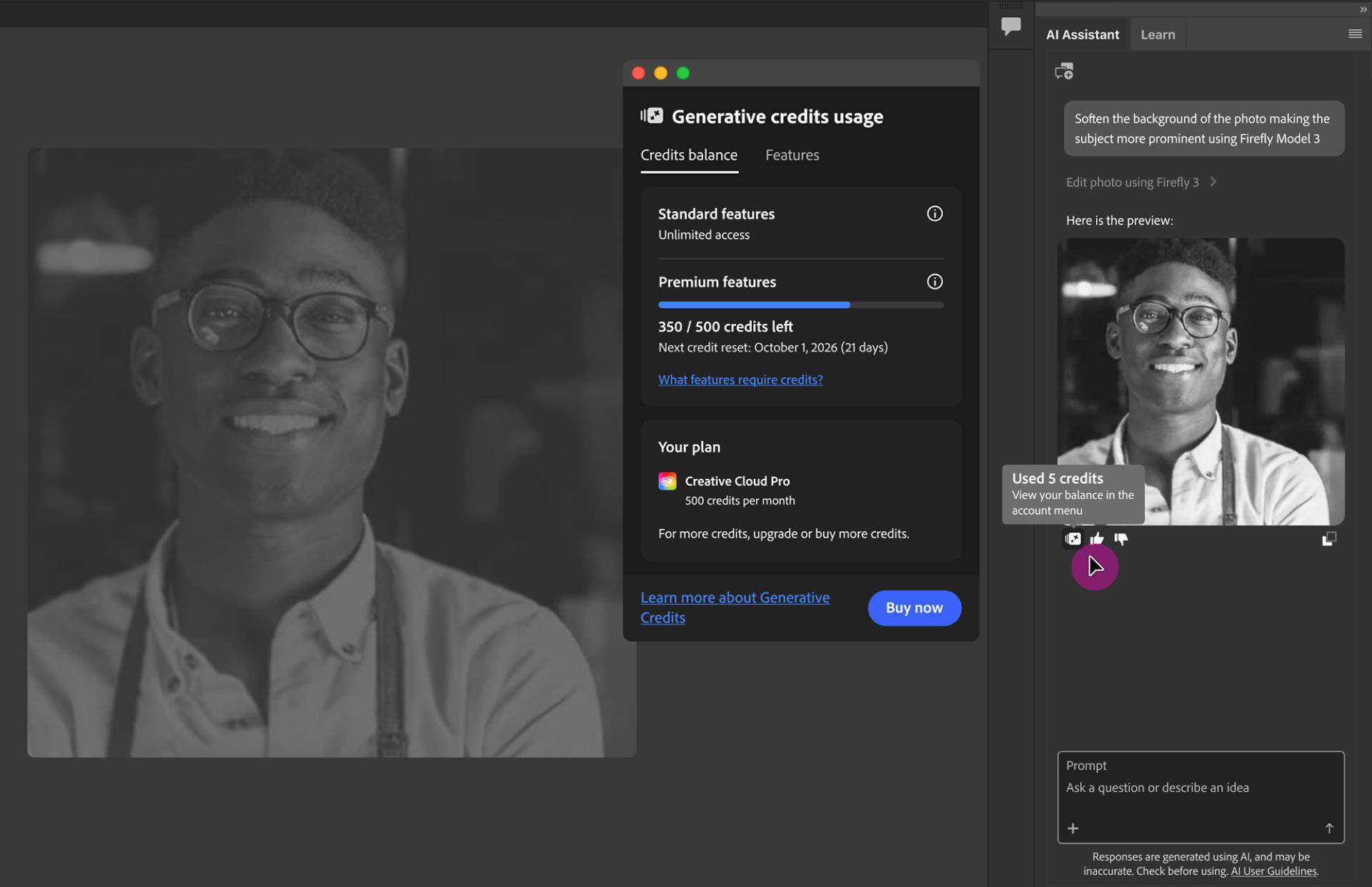 Generative credits usage dialog showing 350 of 500 premium credits remaining and an AI Assistant edit that used five credits.