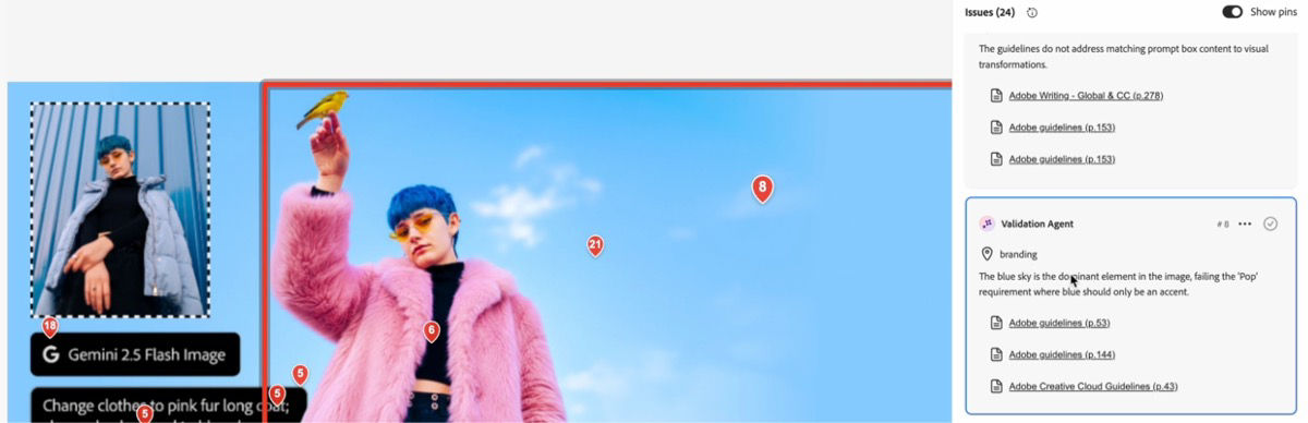 Detailed validation view showing an image with issue markers and a side panel listing branding issues with references to guidelines.