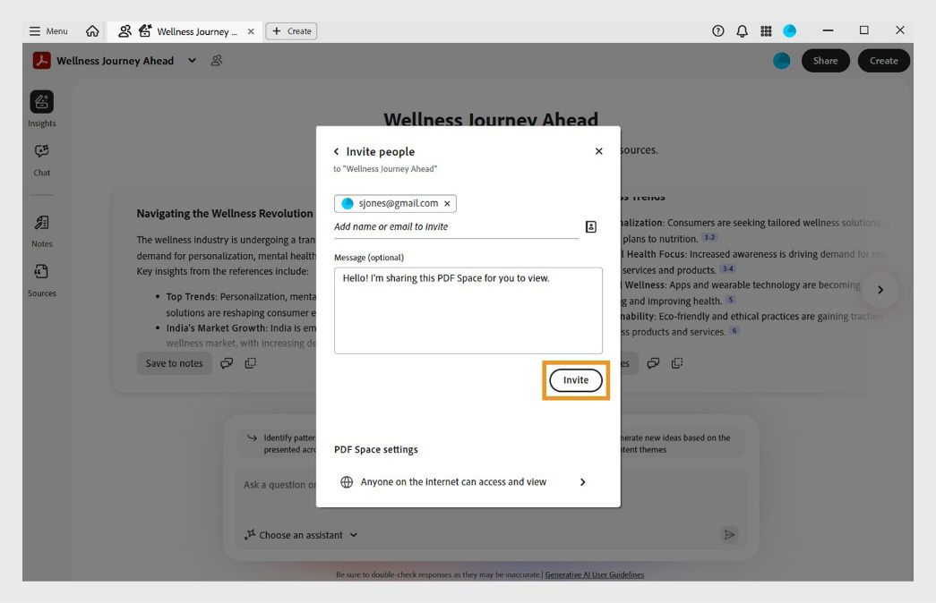Dialog box for inviting recipients to access a PDF Space, with access settings options and the Invite button for confirmation.