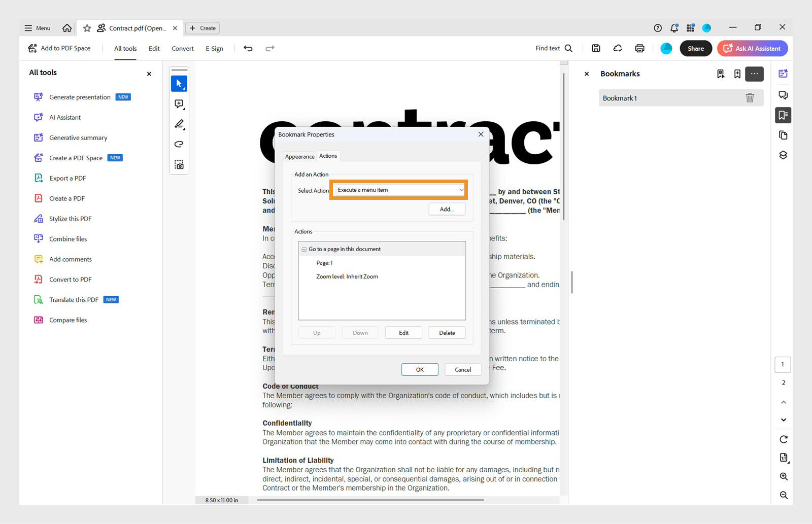 Dialog box showing the Bookmark Properties window with the Actions tab open.