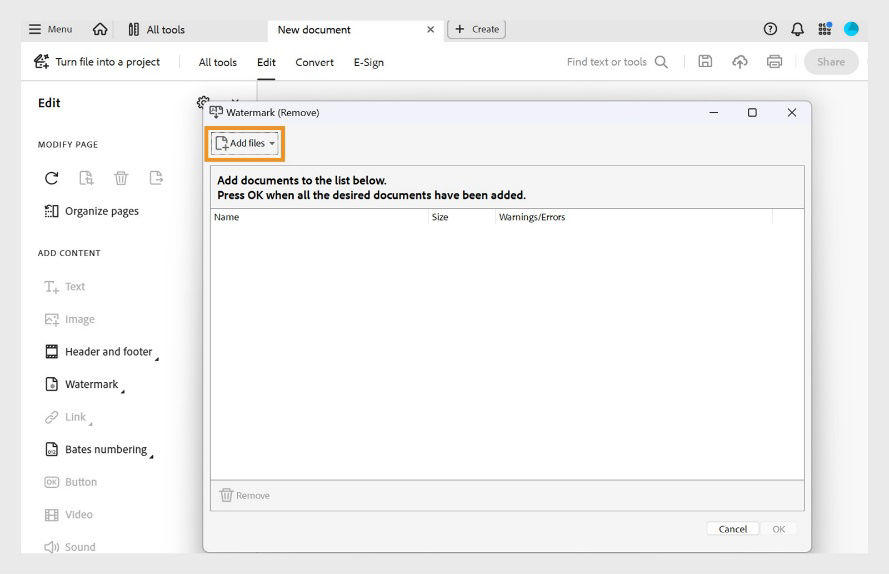 Dialog box showing the option to add files for watermark removal from one or more PDFs using Acrobat’s Edit tools.