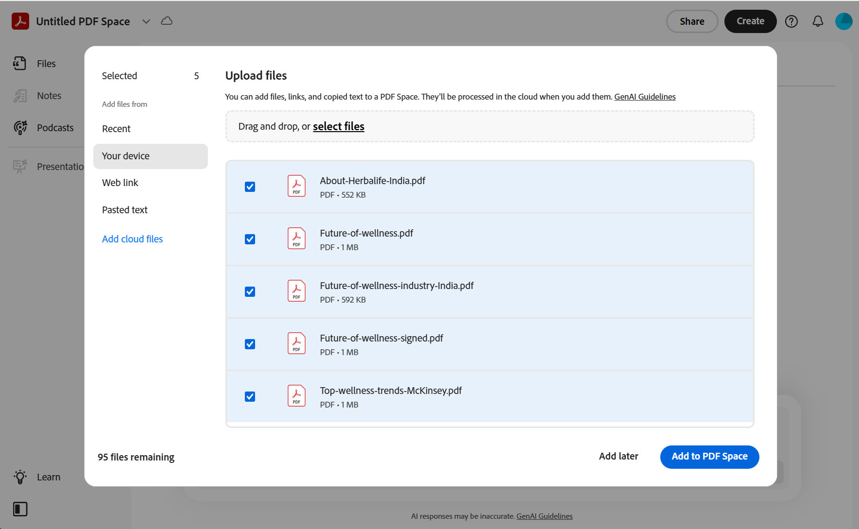 Cuadro de diálogo para añadir archivos de fuente a PDF Space, con options para cargar desde dispositivos, almacenamiento en la nube, entrada de texto o URL web.