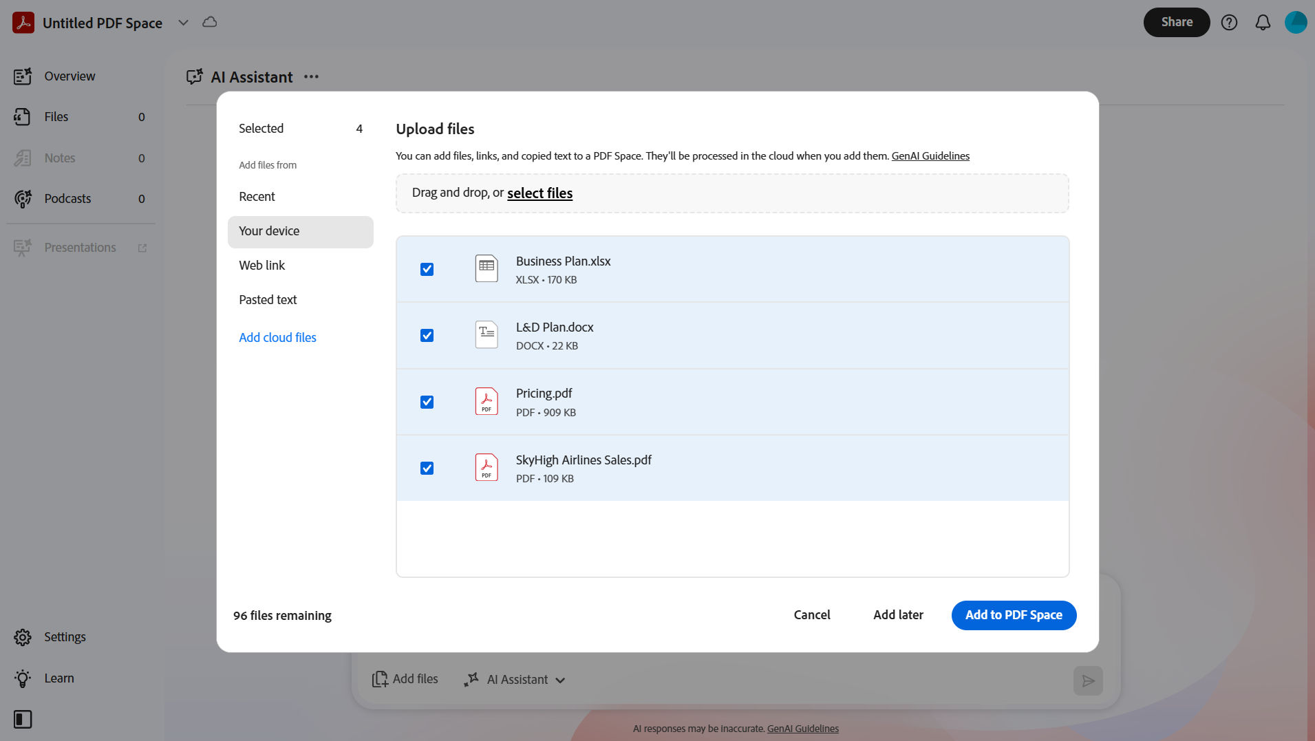 Dialog box to add source files to PDF Space, with options to upload from device, cloud storage, text input, or web URL.