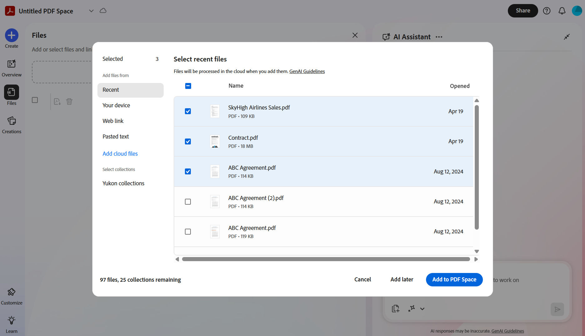 Dialog box to add source files to PDF Space, with options to upload from device, cloud storage, text input, or web URL.