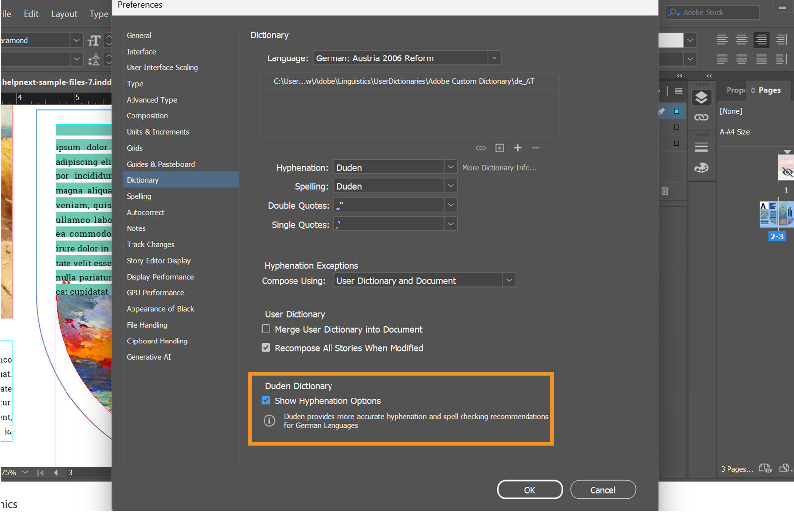 Dictionary preferences dialog box with Show Hypenation Options selected and highlighted in the Duden Dictionary section.