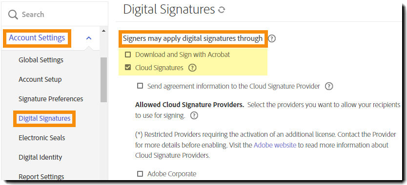 The "Digital Signature" admin menu page with the signature options highlighted.