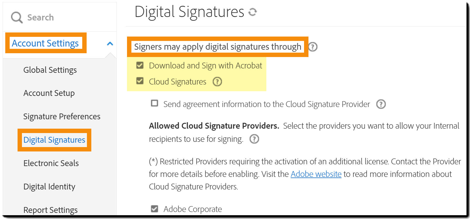 The Digital Signaatures section of the admin menu highlighting the "Signers may apply digital signatures through" controls.