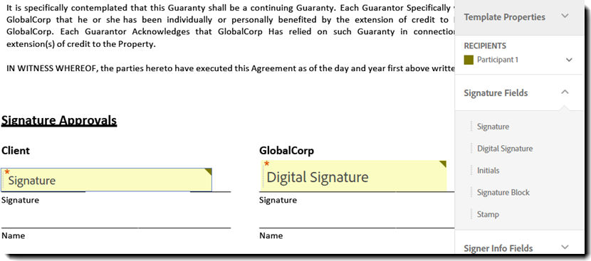 The drag-and-drop authoring environment showing both the electronic signature field and the digital signature field.