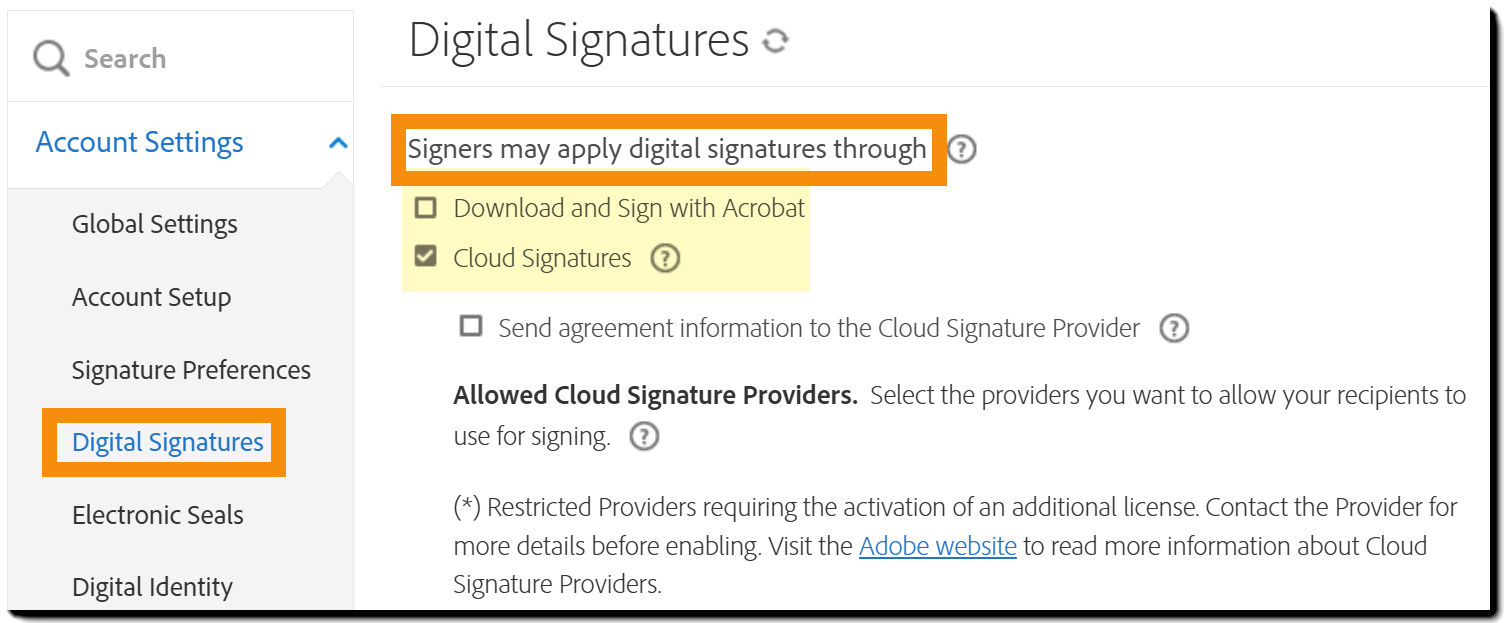 Digital Signature controls that must be enabled for the digital signature option to be available.