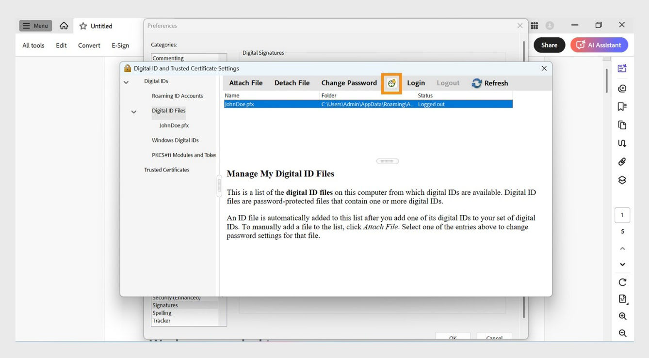 Digital ID and Trusted Certificate Settings dialog box shows a digital ID file selected and the Password Timeout option highlighted.