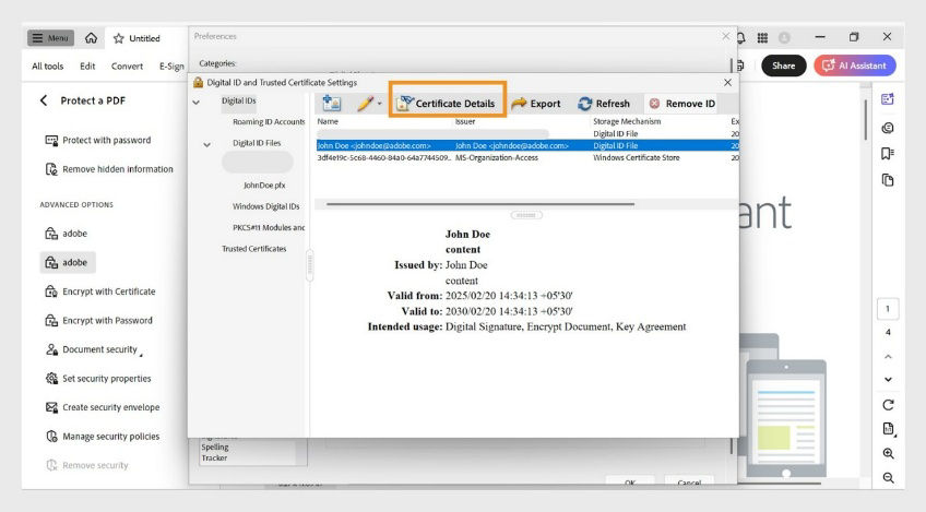 Digital ID and Trusted Certificate Settings dialog box shows a certificate selected and the Certificate Details option highlighted.