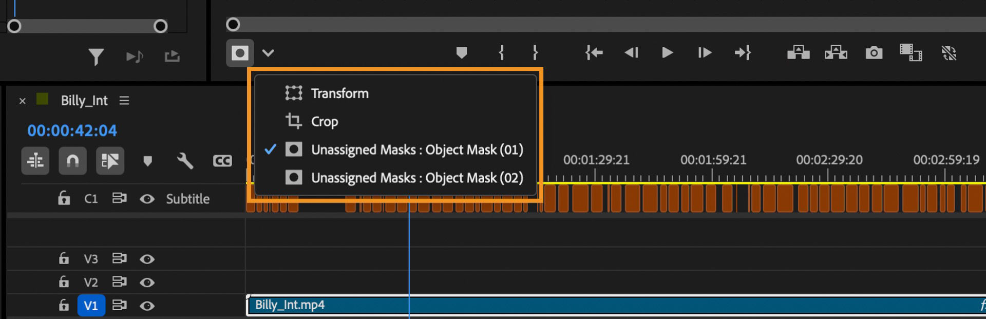 Dropdown menu showing direct manipulation options, including Transform, Crop, and unassigned Object Masks.