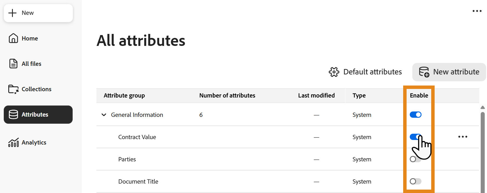 Attributes page showing enabled and disabled attribute toggles.