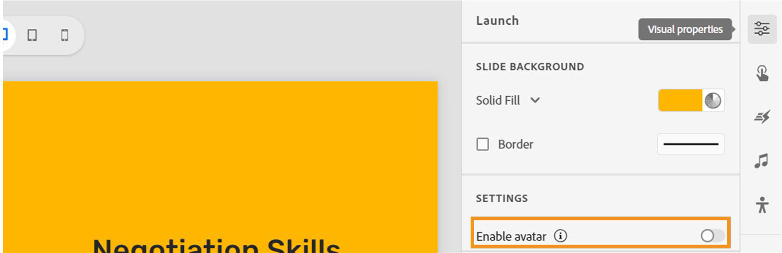 Visual properties panel with Enable avatar toggle set to off under Settings section.