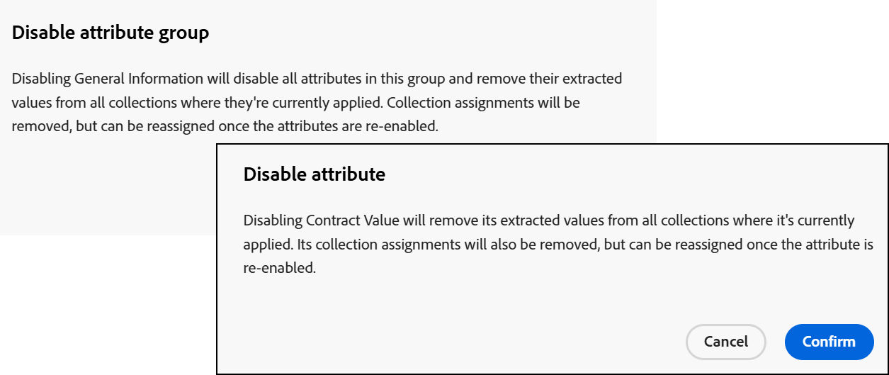 Confirmation dialog for disabling an attribute group.