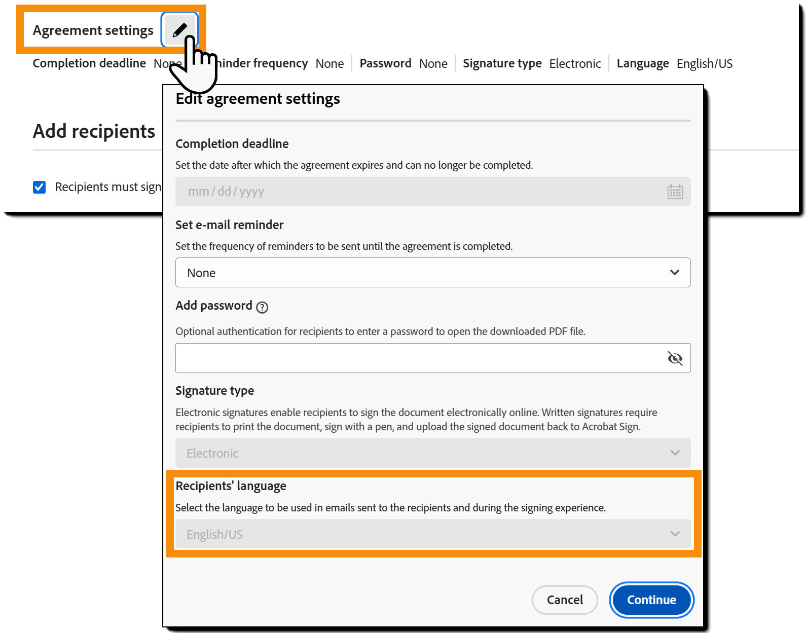 The Agreement Settings section of the Compose page highlighting the Recipient's language setting