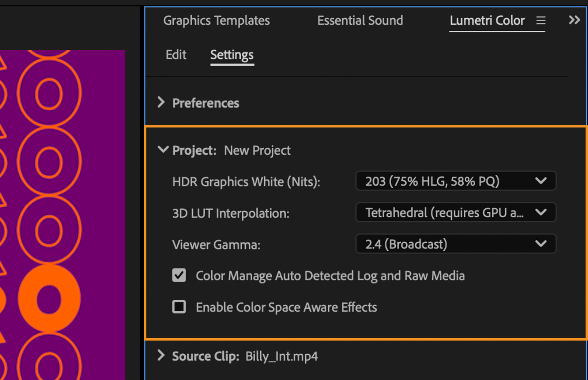 The Working Color Space settings UI shows the Project settings with Auto Detect Log Video Color Space disabled.