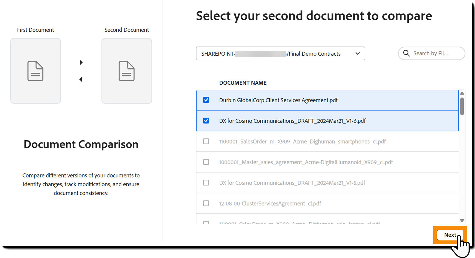 The "Document Comparison" interface with the "Select collectations" filters exposed.