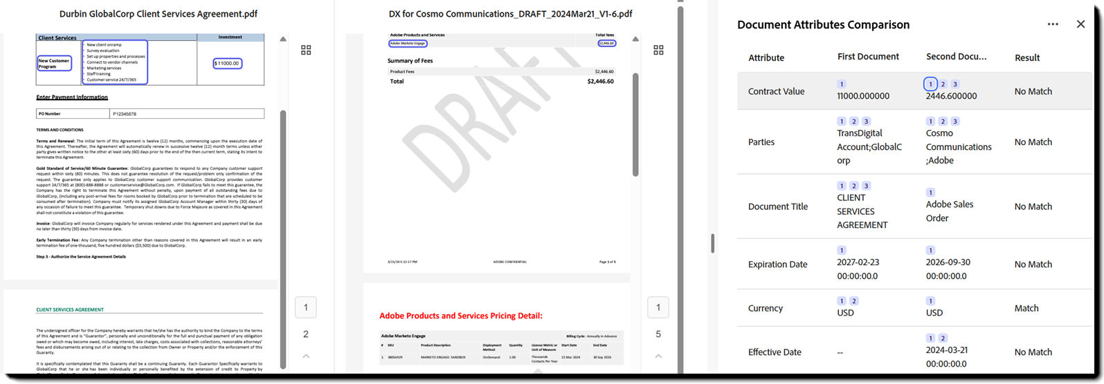 The side by side comparison of the two files with a citation highlighted in each file.