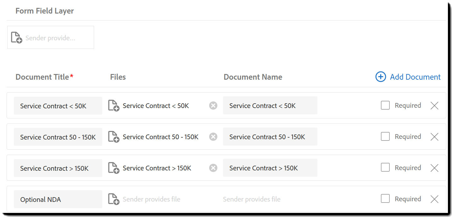 The Documents tab showing four configured files that can be attached.