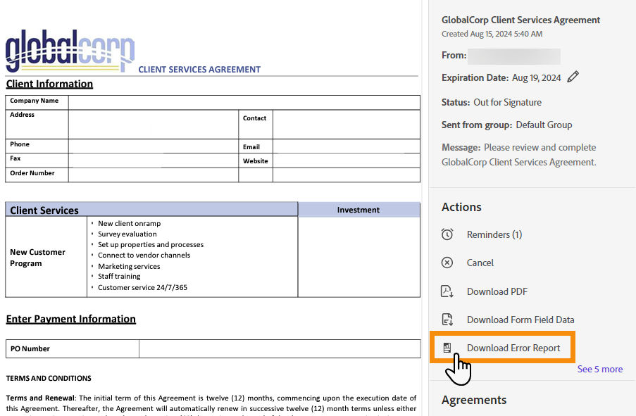 Example error report from generated child agreements downloaded from the Manage page