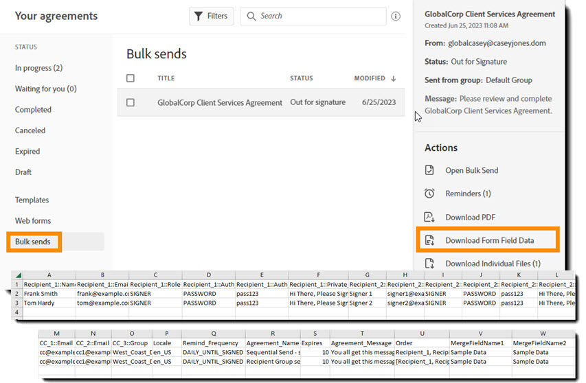 The Manage page displaying an example of the data fields CSV