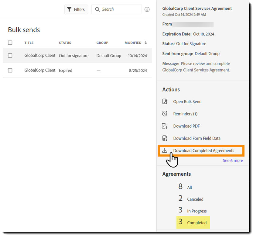 The Manage page displaying a Send in Bulk transaction with the "Download Completed Agreements" action highlighted.