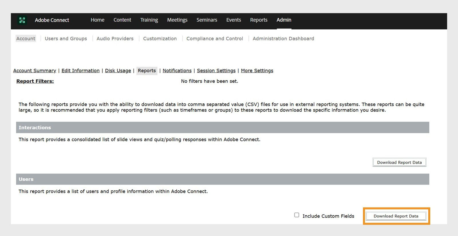 Users section showing the option to download data report