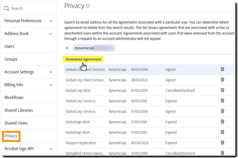 The Privacy window with agreements displayed and the Download Agreement link highlighted