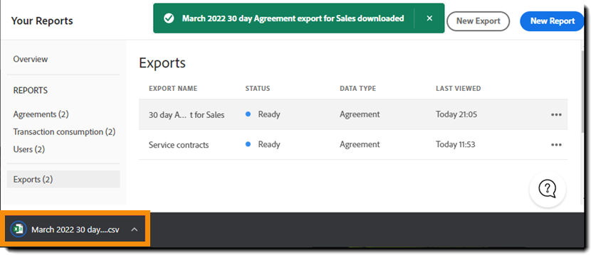 browser window showing the downloaded .csv file in the footer