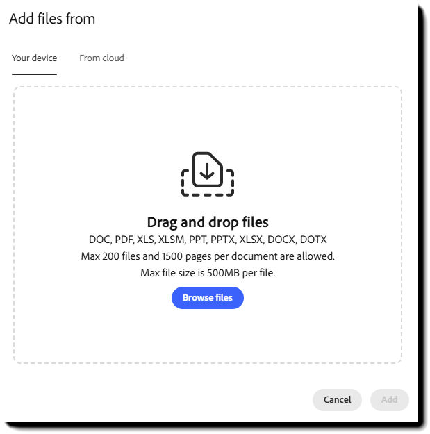 The drag and drop panel for new files