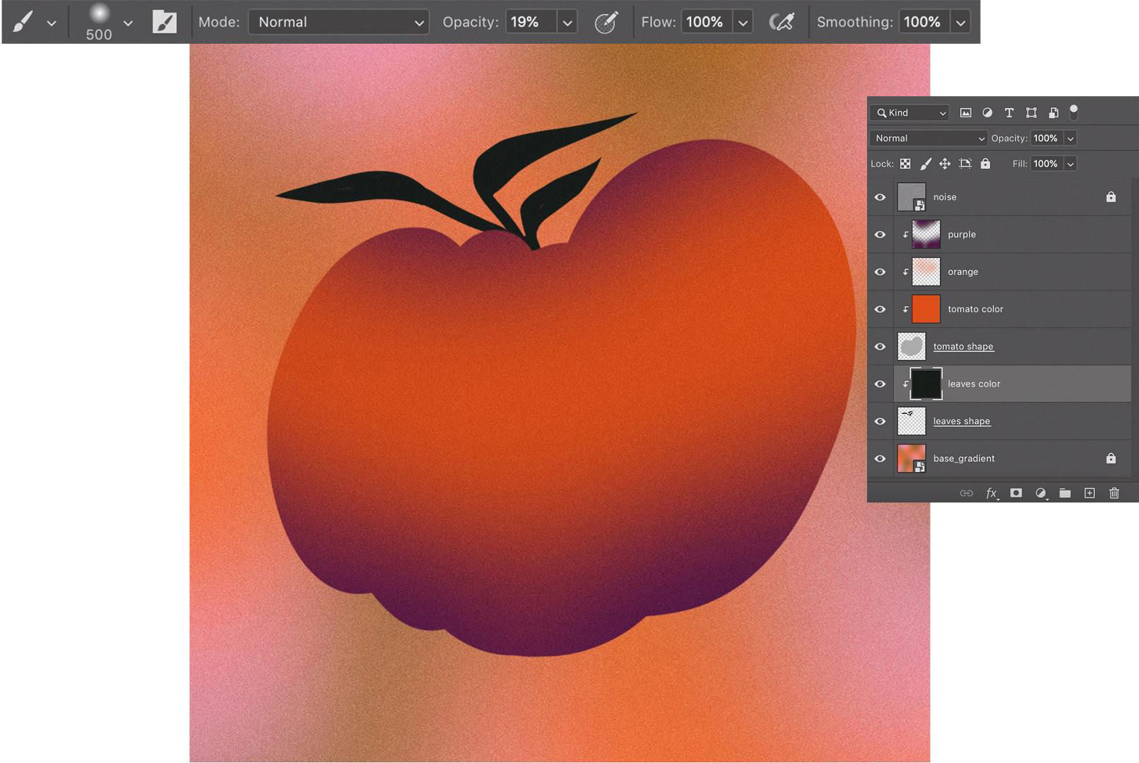 Drawing of a red tomato with black leaves against the red, pink, and gray background blobs, plus part of the relevant Photoshop interface