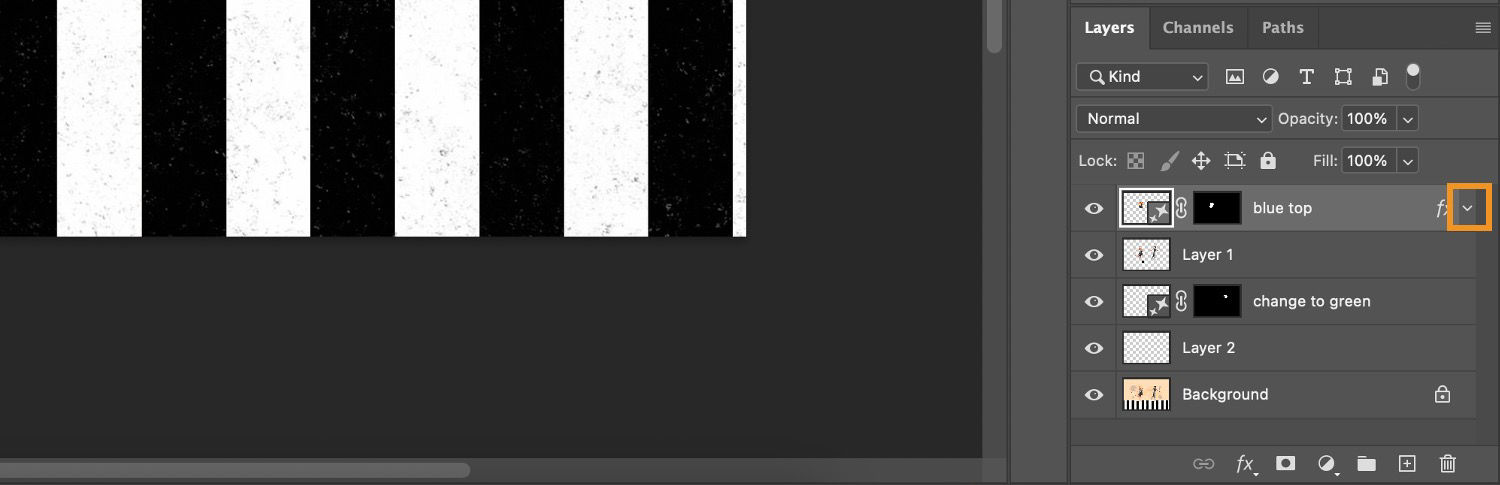 Drop-down triangle is highlighted in the blue top layers group in Layers panel.