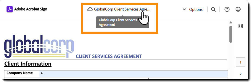 The e-sign page highlighting the Agreement Name.