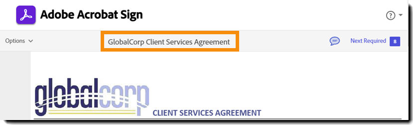 The e-sign page highlighting the Agreement Name.