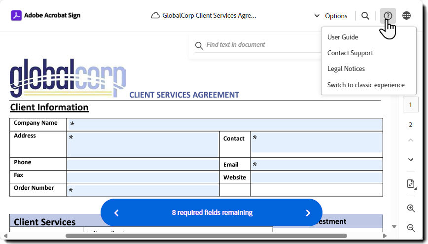 The e-sign page highlighting the menu to access support and legal notices.