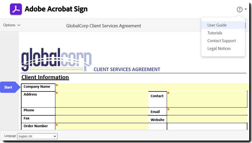 The e-sign page highlighting the menu to access support and legal notices.