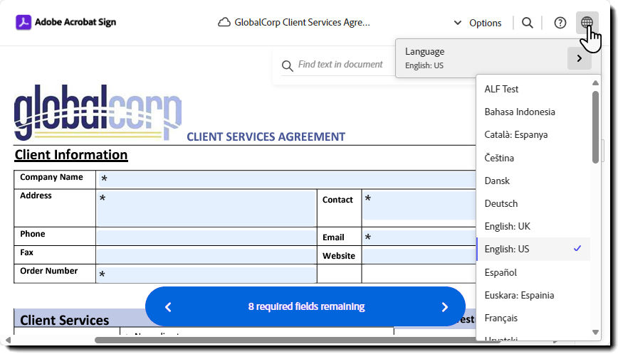 The e-sign page highlighting the Language selector