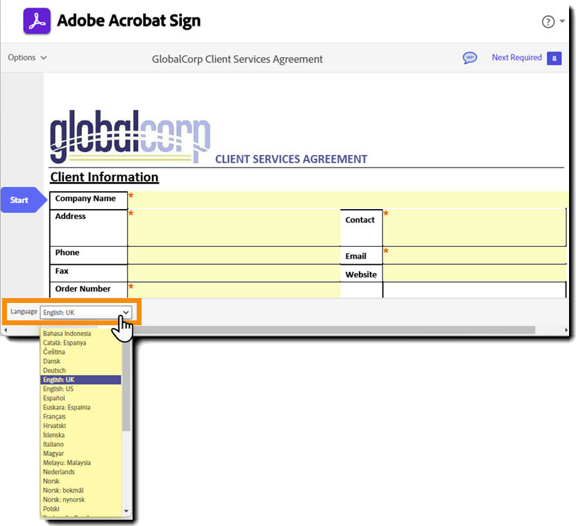 The e-sign page highlighting the Language selector