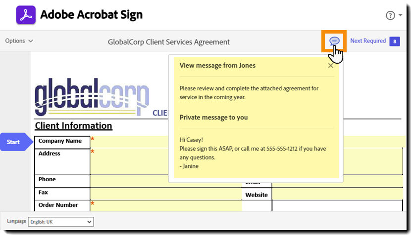 The e-sign page highlighting the Messages for the recipient.