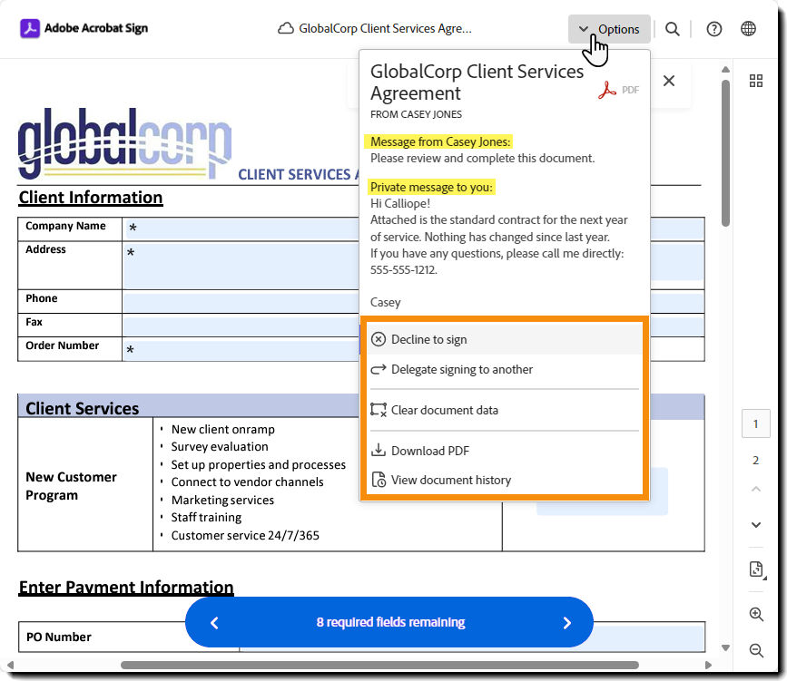 The e-sign page highlighting the Options menu