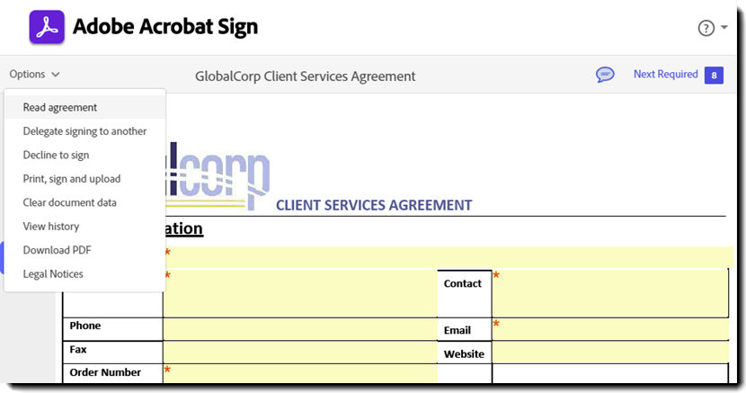 The e-sign page highlighting the Options menu