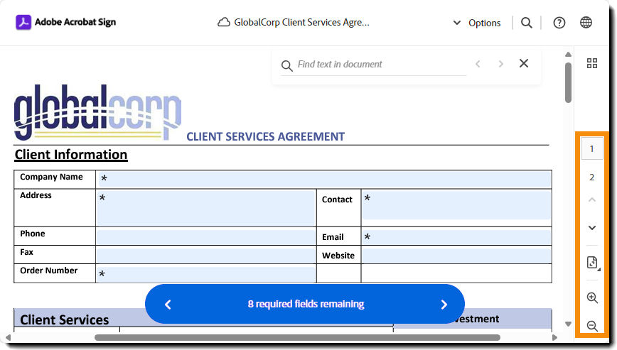 The e-sign page highlighting the page controls.