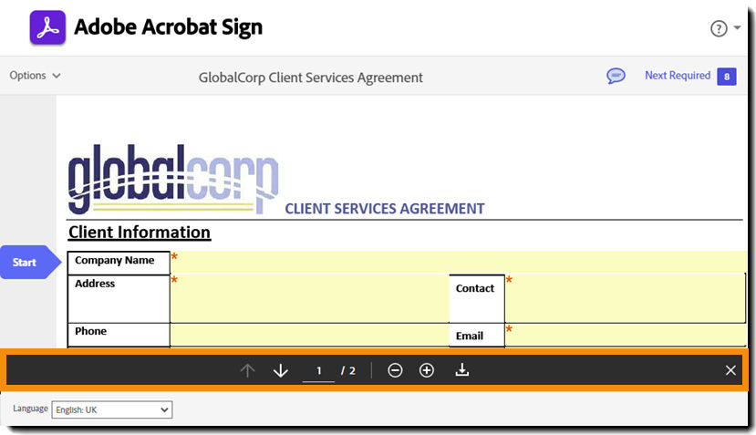 The e-sign page highlighting the page controls.