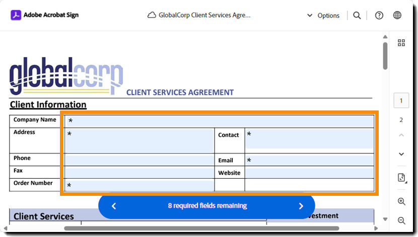 The e-sign page highlighting the fillable fields for the recipient