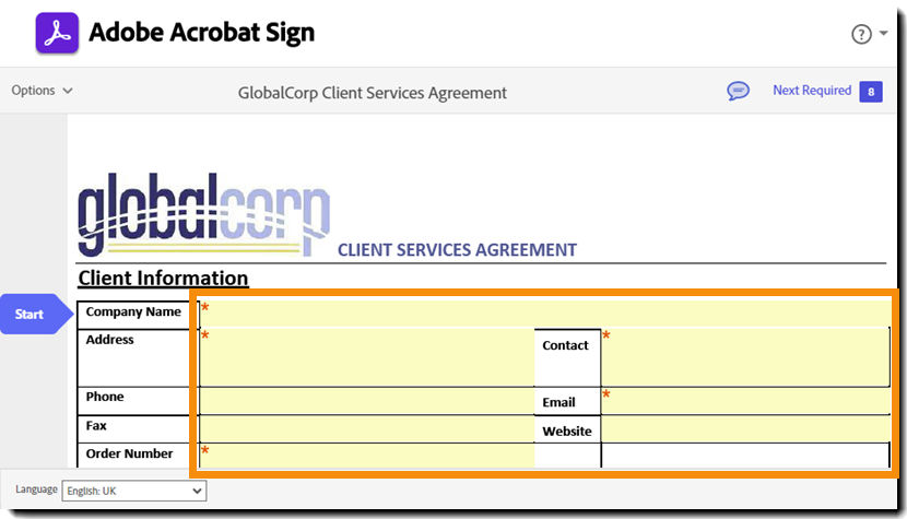 The e-sign page highlighting the fillable fields for the recipient