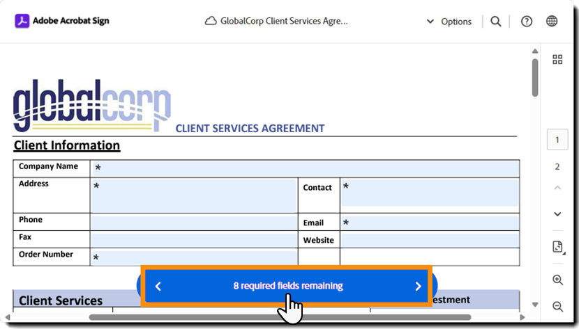 The e-sign page highlighting the "required fields" counter.