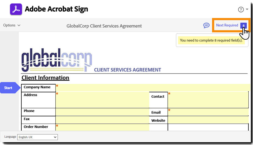 The e-sign page highlighting the "required fields" counter.