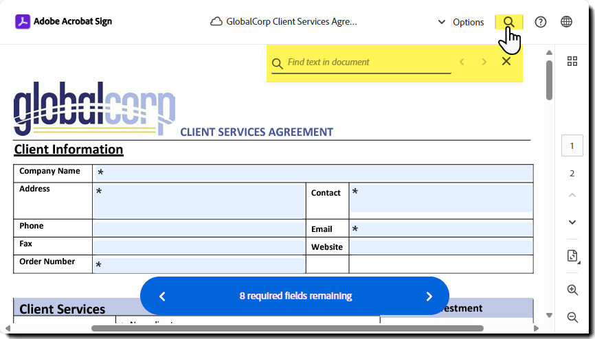 The e-sign page highlighting the "Search text" field